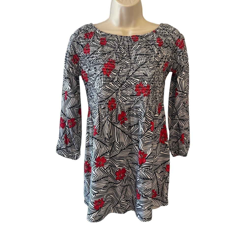 J. Jill Pure Jill Smocked Floral Palm Print Top Red Black White NWT XS 170601